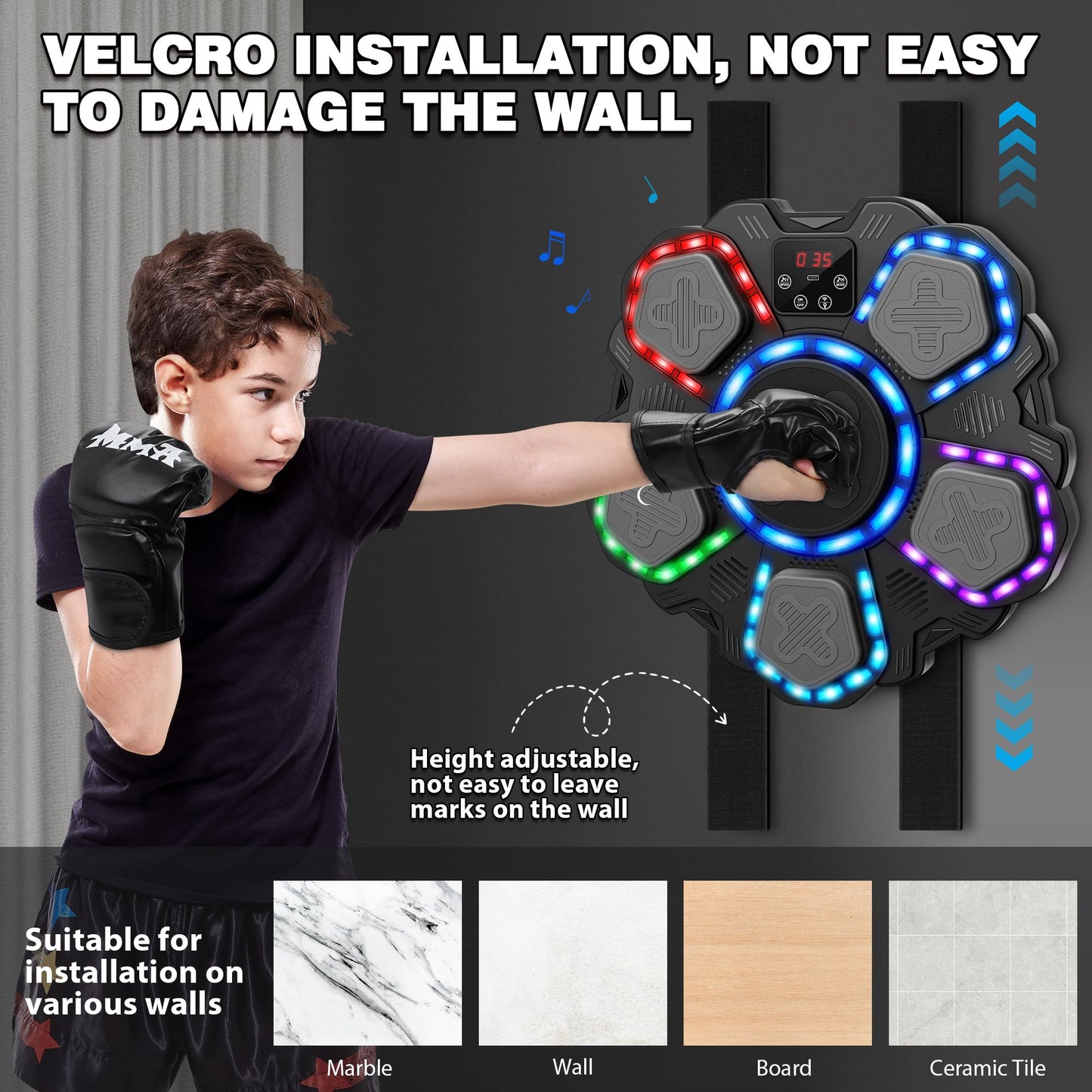 Music Boxing Machine with Force Measuring, Wall Mounted Bluetooth Punching Boxing Pad with Boxing Gloves,Home Gym Boxing Equipment Stress Relief, Sport Toys Gifts for Kids Adult Men Boy Girl, Age14-99