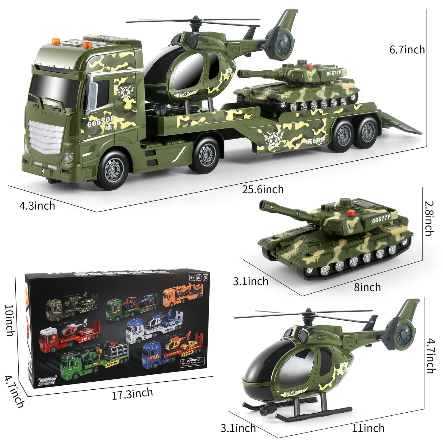 Dwi Dowellin Green Military Big Truck Toys,25.6" Semi Truck Toy with Helicopters and Tank,Army Toys with Lights & Sounds,Birthday Gift for 2 3 4 5 Years Old Boys and Girls