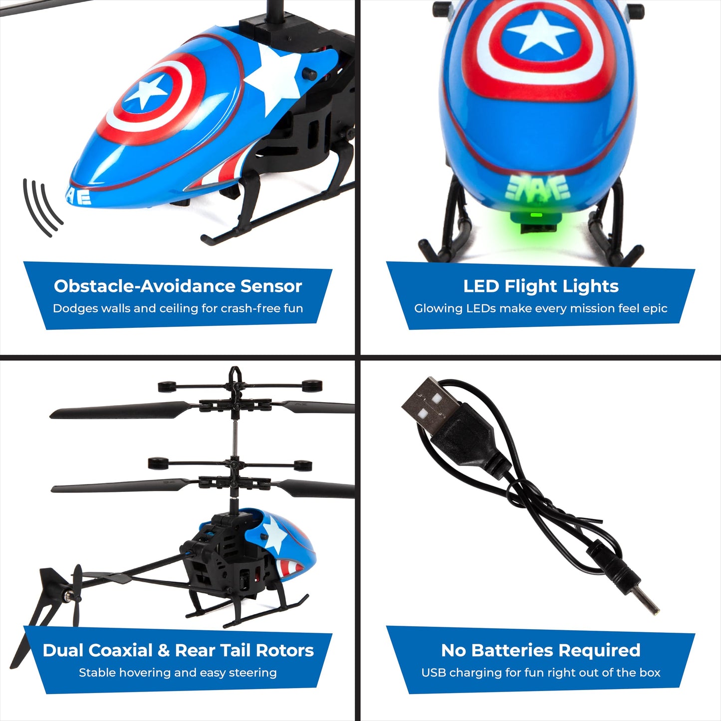 World Tech Toys Marvel Captain America RC Helicopter – Easy‑Fly Remote Control Helicopter with LED Lights, Durable Body, Coaxial & Rear Rotors – Kids 8+