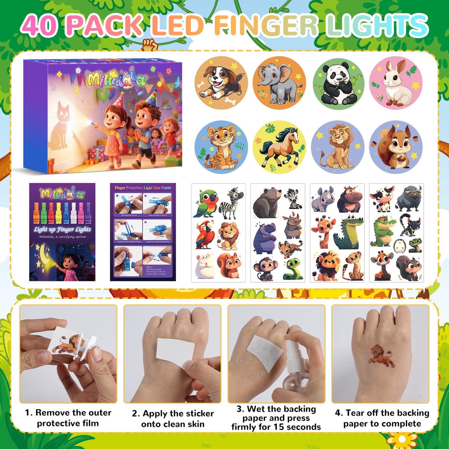 Mikulala 50 Pack Animal Party Favors, 40 Pcs Animal LED Finger Lights & 10 Pcs Temporary Tattoos, Birthday Gifts Goodie Bag Stuffers, Glow in The Dark Toys Bulk Classroom Prizes Party Supplies