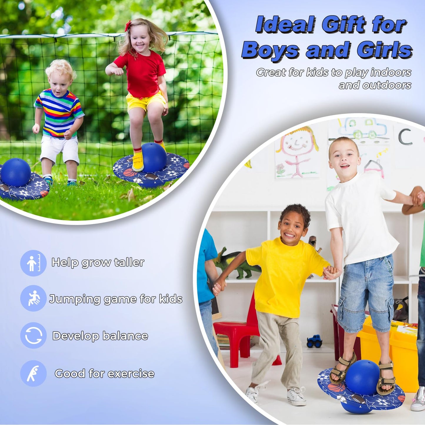 WinnerWhy Pogo Trick Ball for Kids, Up to 160lbs, Pogo Stick Jumper for Boys Girls Balance Bounce Board Ball with Pump Safe Fun Indoor Outdoor Gift Toy for Christmas(Blue, Orange,Sporty Style)