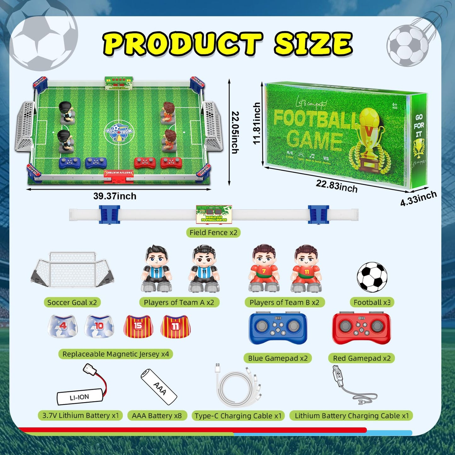 Cokzer Remote Control Soccer Toy, Foosball Table Game for Kids with 4 Remotes, 3 Balls, LED Scoreboard, Lights & Sound, Rechargeable RC Soccer Board Game for 1-4 Players Ages 6+