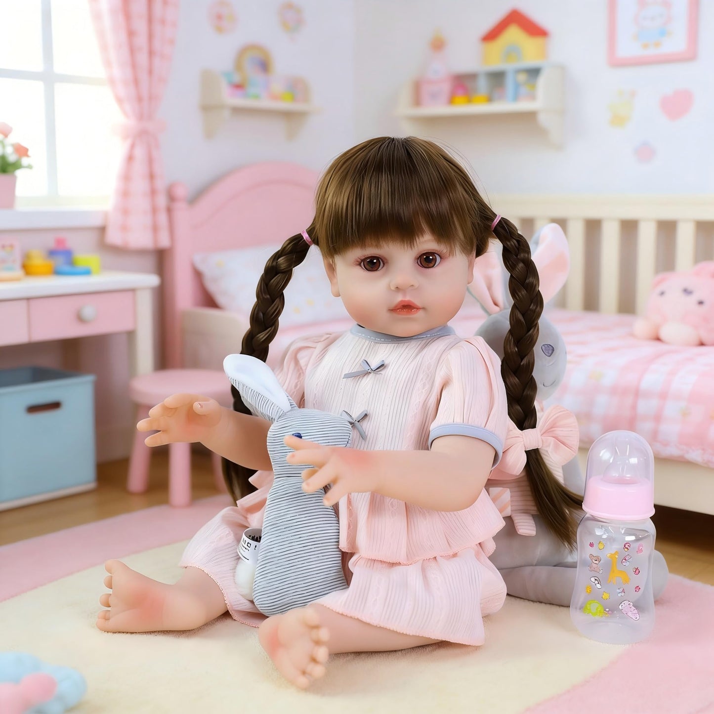 SCOM 18 Inch Reborn Baby Doll Girl with Long Hair, Lifelike Vinyl Baby Doll with Realistic Facial Details & Weighted Body, with Accessories, for Kids 3+, New Parents Training & Elderly Companion Play