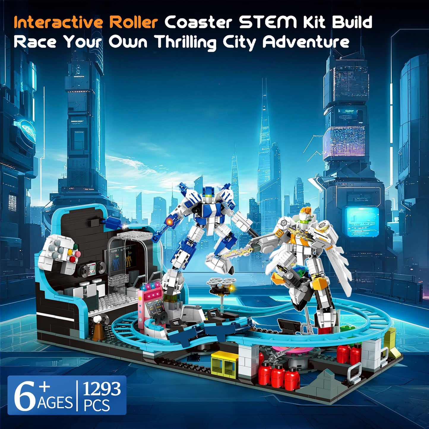Rongmeiz Space Roller Coaster Building Toy for Kids 6+,1293 PCS Robot Roller Coaster Amusement Park Block Building Set Interactive Space Station Construction Kit Birthday Gift for Boys & Girls 6+