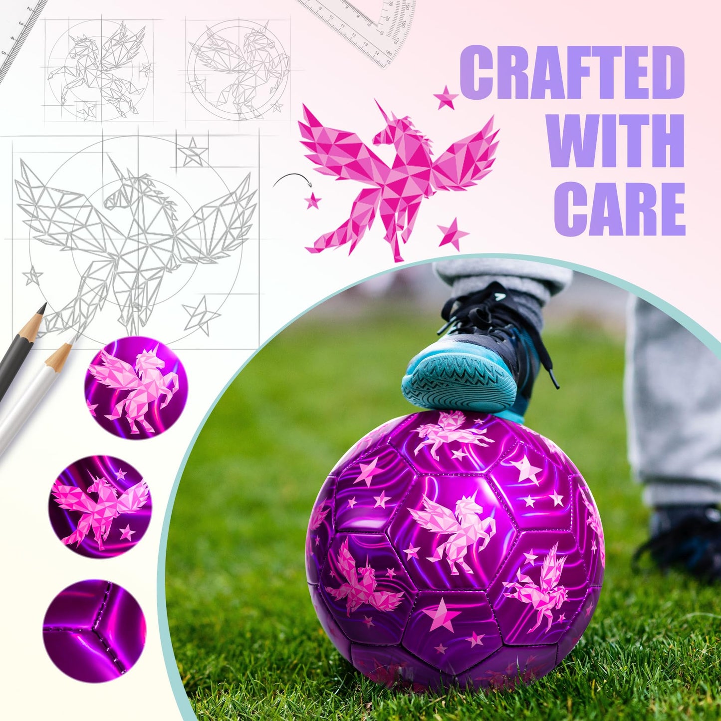INPODAK Kids Soccer Ball Size 3 for Girl, Cartoon Unicorn Pink Soccer Ball for Toddler 2-8 with Pump, Mesh Bag, Gift Gift for Birthdays Parties