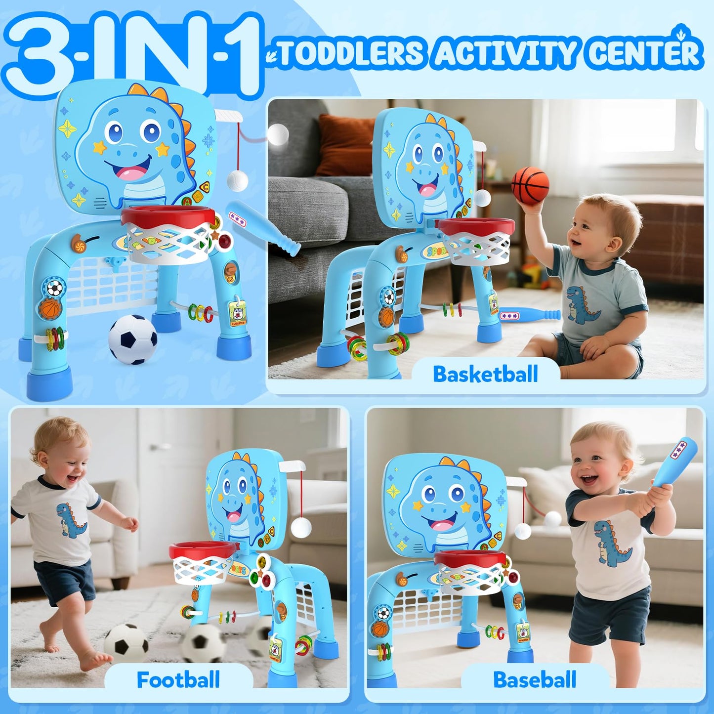 Toys for 1 Year Old Boy - Toddler Basketball Hoop & Soccer Goal & Baseball Activity Center with Light Sound Music, Dinosaur Montessori Sports Toy, Christmas Birthday Gift for Baby 12-18 Months, Blue