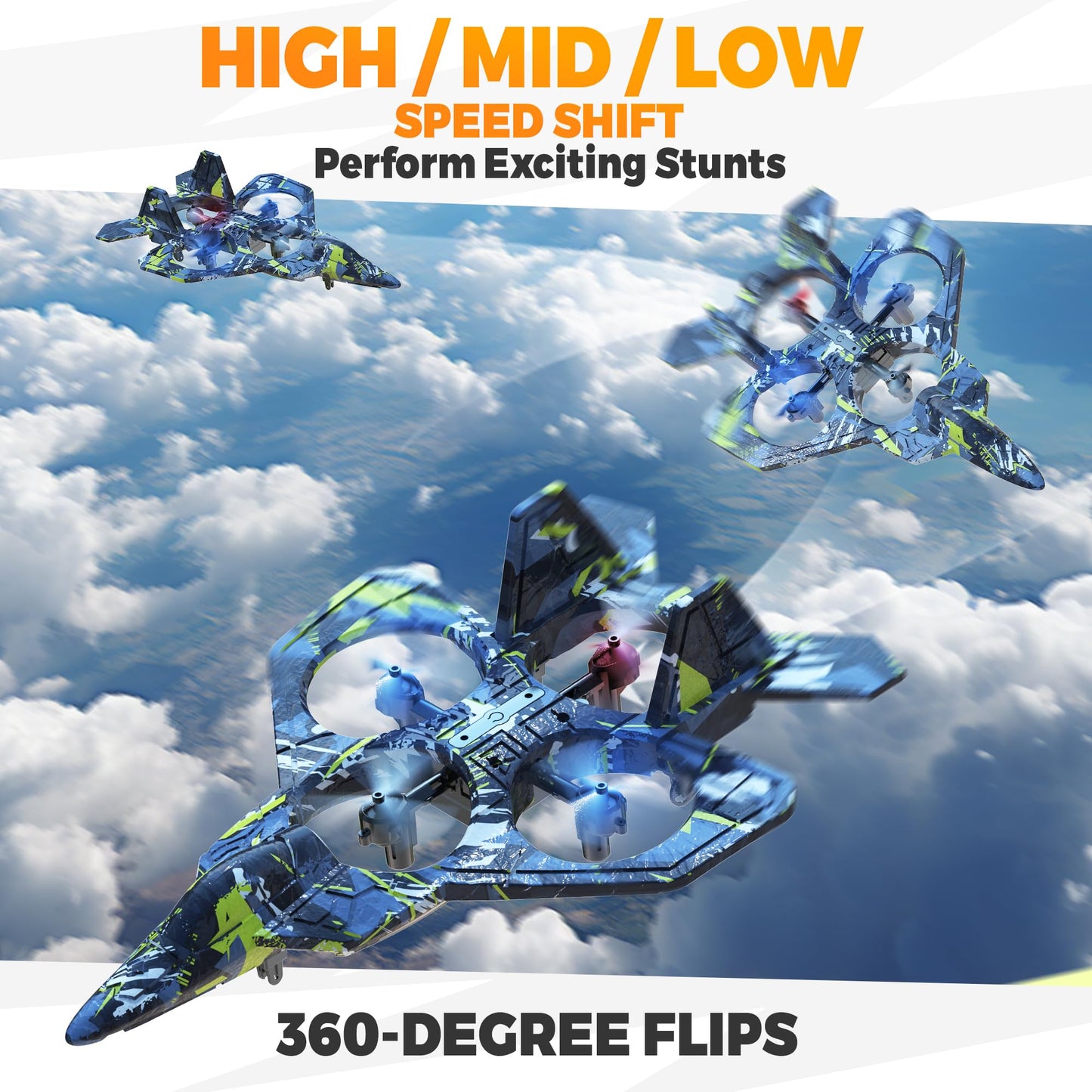 BEZGAR RC Plane, Foam Remote Control Airplane, Drone for Kids, RC Aircraft for Boys and Girls, Fighter Jet Helicopter with LED Lights, Altitude Hold, 360° Flip Stunt Rotation, Toy Airplane Blue