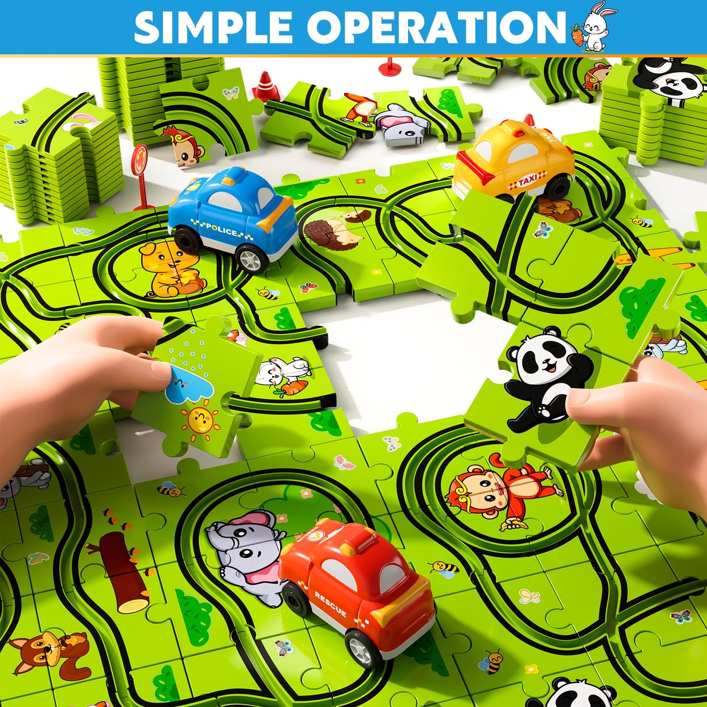 Beby Buty 64PCS Puzzle Race Track Car Set for Kids Boys, Floor Puzzle Tracks Car Toys for Boys Girls Ages 3-5 4-6, Toddler Toys Gifts for 3 4 5 Year Old, Ideal 3 4 5 6 Year Old Birthday Gifts