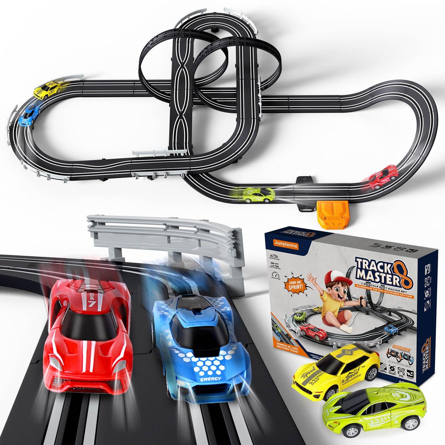 Slot Car Race Track Sets for Boys Kids,Battery or Electric Race Car Track with 4 High-Speed Slot Cars and 2 Hand Controllers,Dual Racing Game Lap Counter Circular Overpass Track Toys Age 6 7 8-12