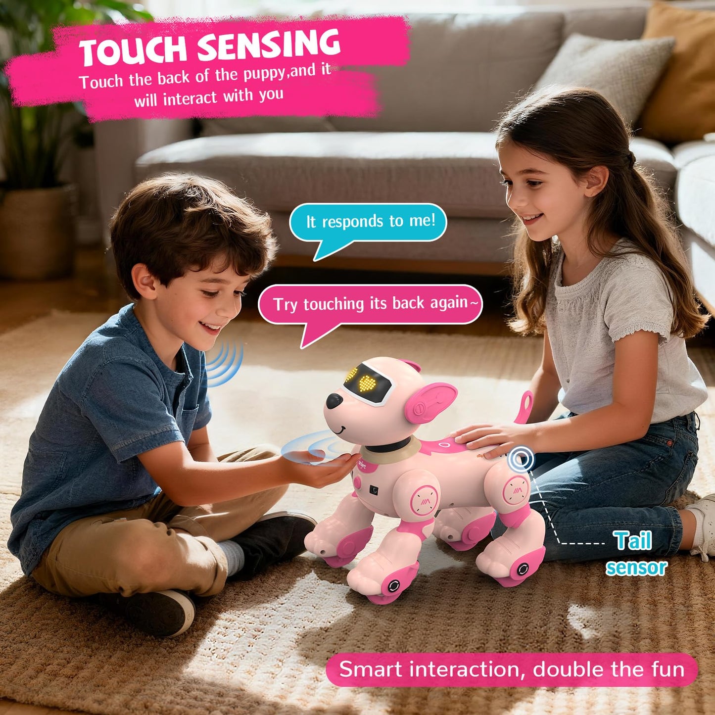 PRANITE Robot Dog Toy for Kids, RC Smart Programmable Robotic Puppy Interactive Touch Music Remote Control Follow Mode Fun STEM Educational Learning Toy Rechargeable Pink AI