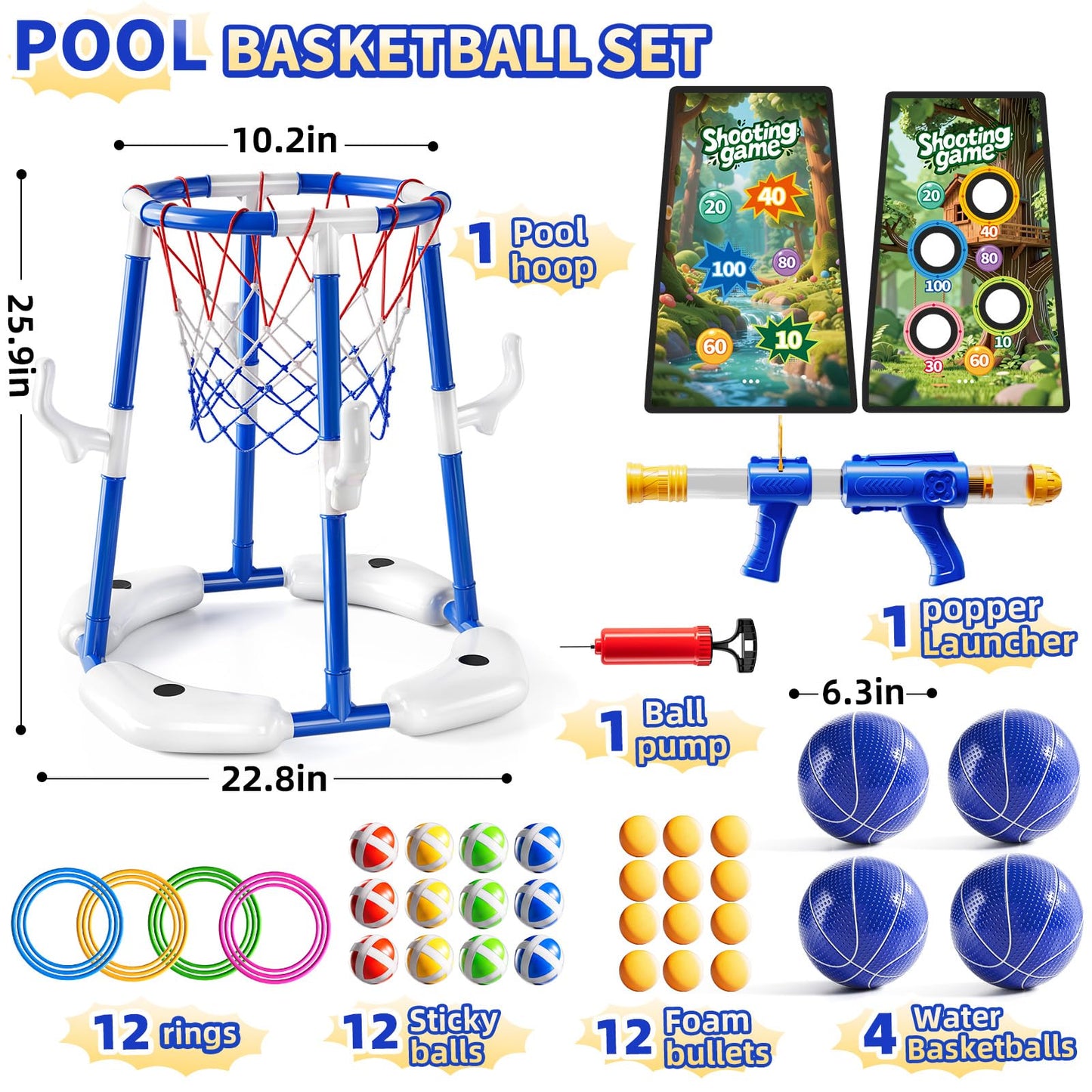 NIPLOOOW Pool Basketball Hoop, 4-in-1 Floating Pool Toys Ring Game with 4 Balls, Air Pump Launcher and Sticky Balls, Outdoor Swimming Pool Basketball Game Water Toy Family Party for Kids Age 3-12