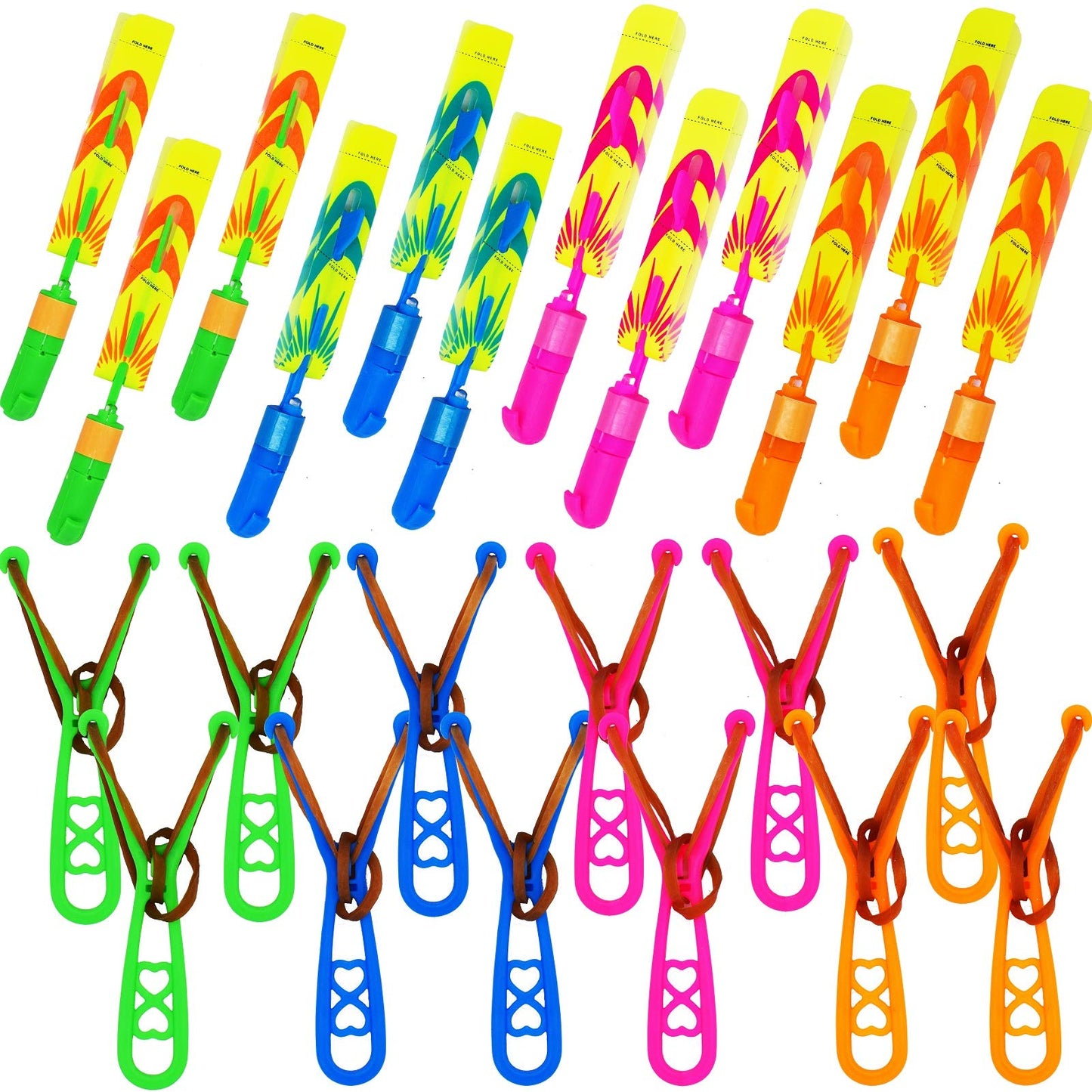 JX 24 Pack Rocket Slingshot Flying Toys with Led Lights,24Pcs LED Arrow Helicopters + 24Pcs Launchers,Summer Outdoor Game LED Slingshot Toy for Kids, Glow in The Dark Kids Party Supplies