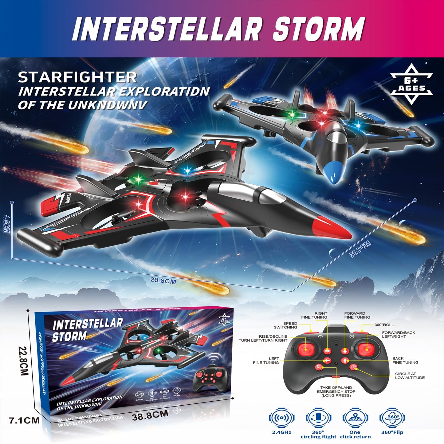 Sleevesword RC Plane，Foam Airplane Toy Drone Remote Airplane Foam Airplanes for Kids Airplanes for Kids Remote Control Helicopter for Boys 8-12，360°Flip Fighter Jet with Light(RED)