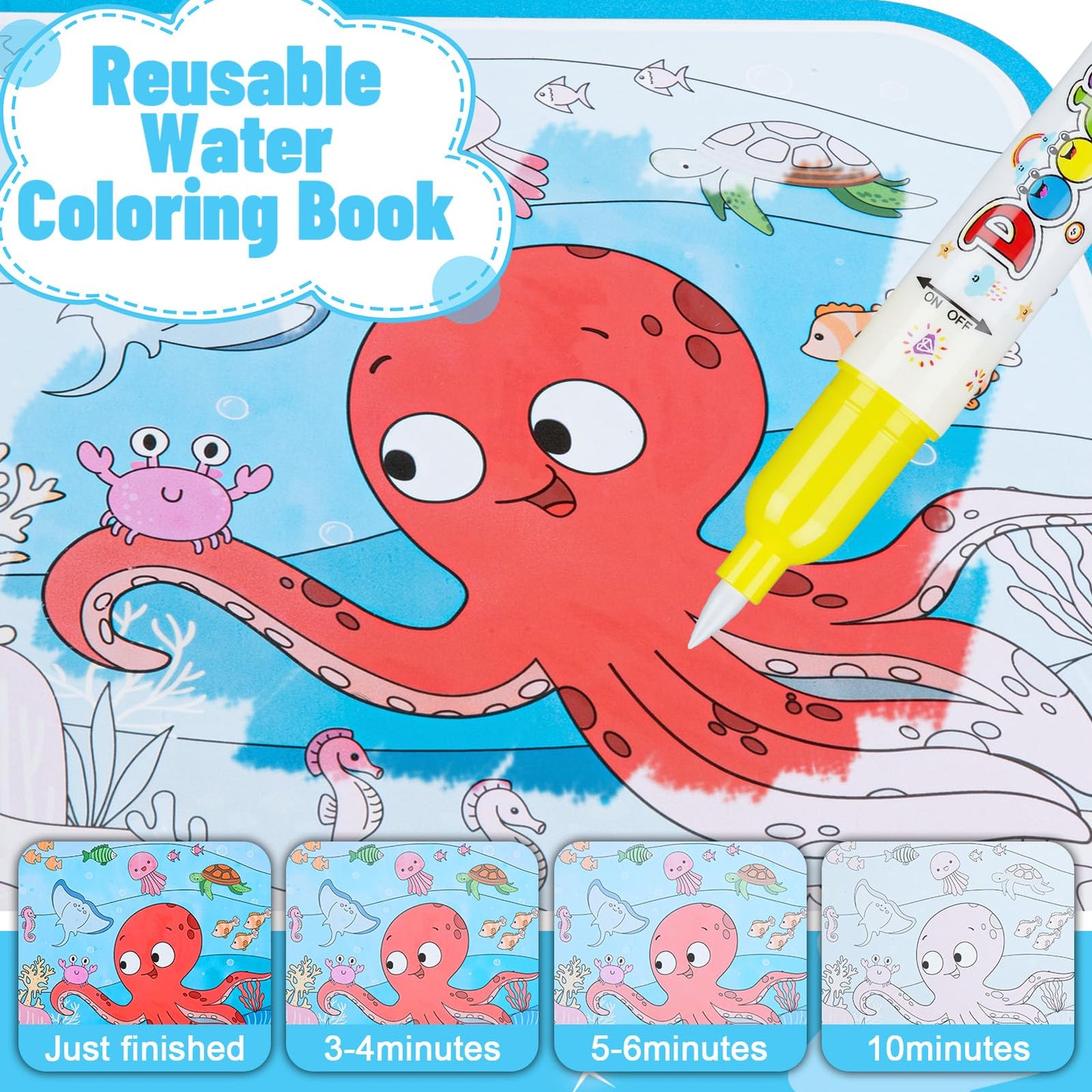 AIR BLOW Reusable Water Coloring Book for Kids, Magic Water Painting Books Toddler Travel Toys, Mess-Free Educational Activity Set, 3 Books with 3 Pens, Animal Ocean Transportation Daily Life YW1