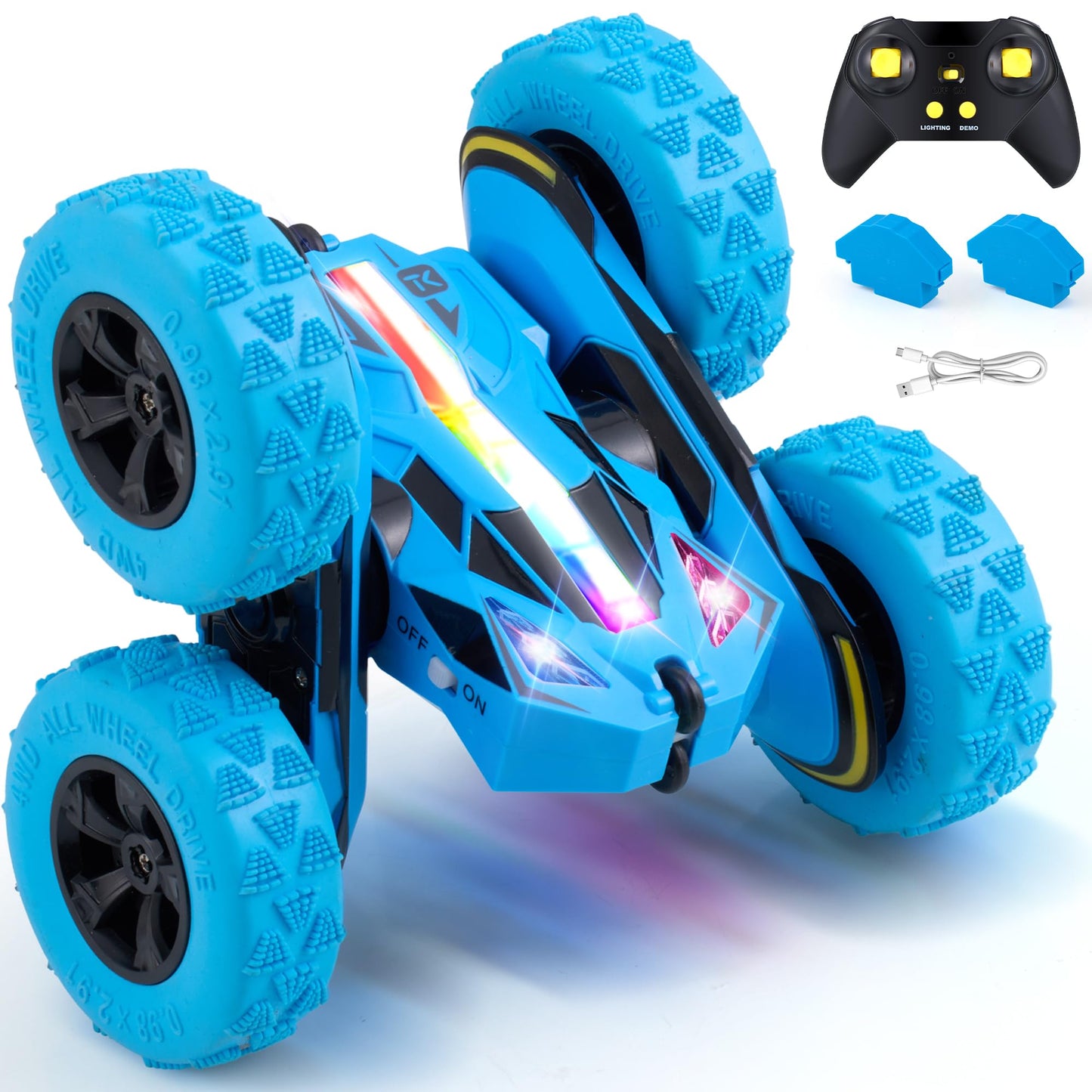 Threeking RC Stunt Car Remote Control Cars with Quick-Swap Modular Battery, 5 Upgrades: Safety, Durability, Auto Demo, Eye-Safe LEDs, Type-C Charging, Toys Presents Gifts for Boys Girls Kids Ages 6-12