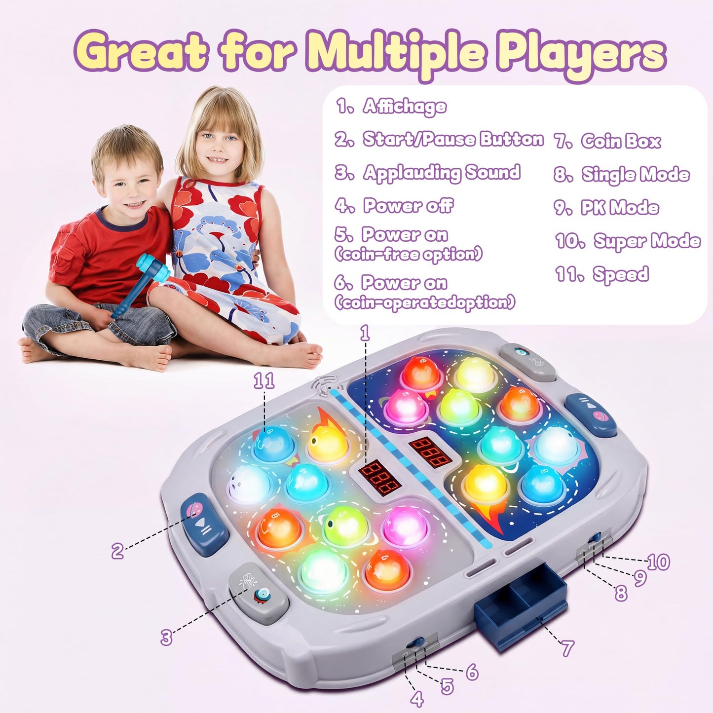 Whack Game Mole,Toys for 3+ Year Old,Birthday Gifts for 3 4 5 6 Year old Boys,Boys Toys Age 3,Toddler Gifts,2 Player Game Toy,Larger 11*15in Whack Toy with 5 Modes,9 Speeds,54 Levels and Light&Sounds