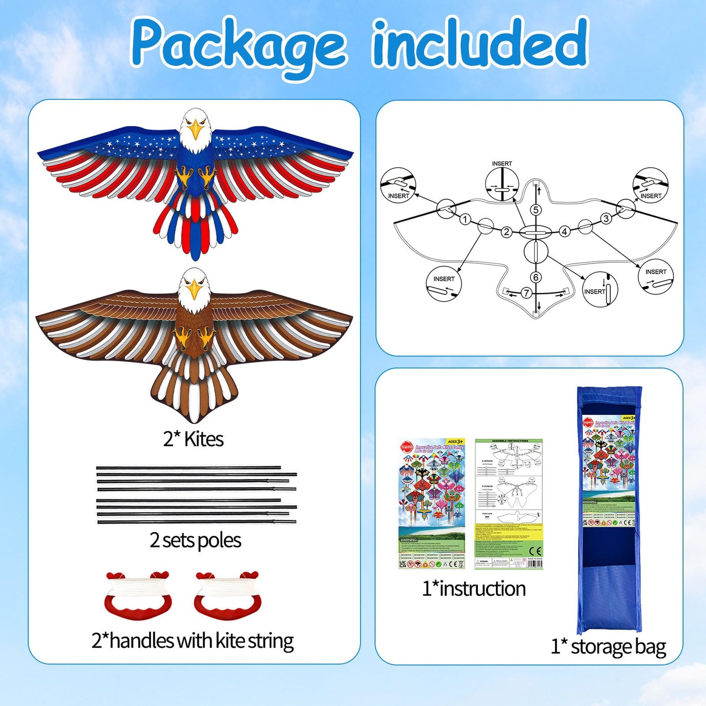 TCVENTS 2 Pack 61" Patriotic Eagle Kites for Kids Adults Birthday Gifts, Huge Easy to Fly Kites for Kids Ages 4-8 8-12 with 328FT String for Beach Yard Boys Girls Family Outdoor Games & Activities