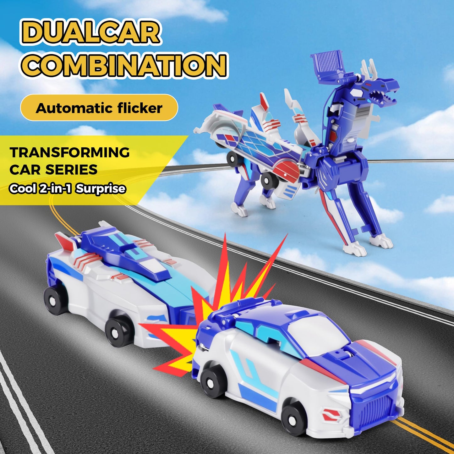 Dahom Collision Transforming Dinosaur Car Toy, 2 Magnetic Cars Transform into Dinosaur Toys for Kids, Boys, Girl, Toddler Fun Deformation Robot Unicorn Car Christmas Birthday Gift Toys (Blue-Dinosaur)