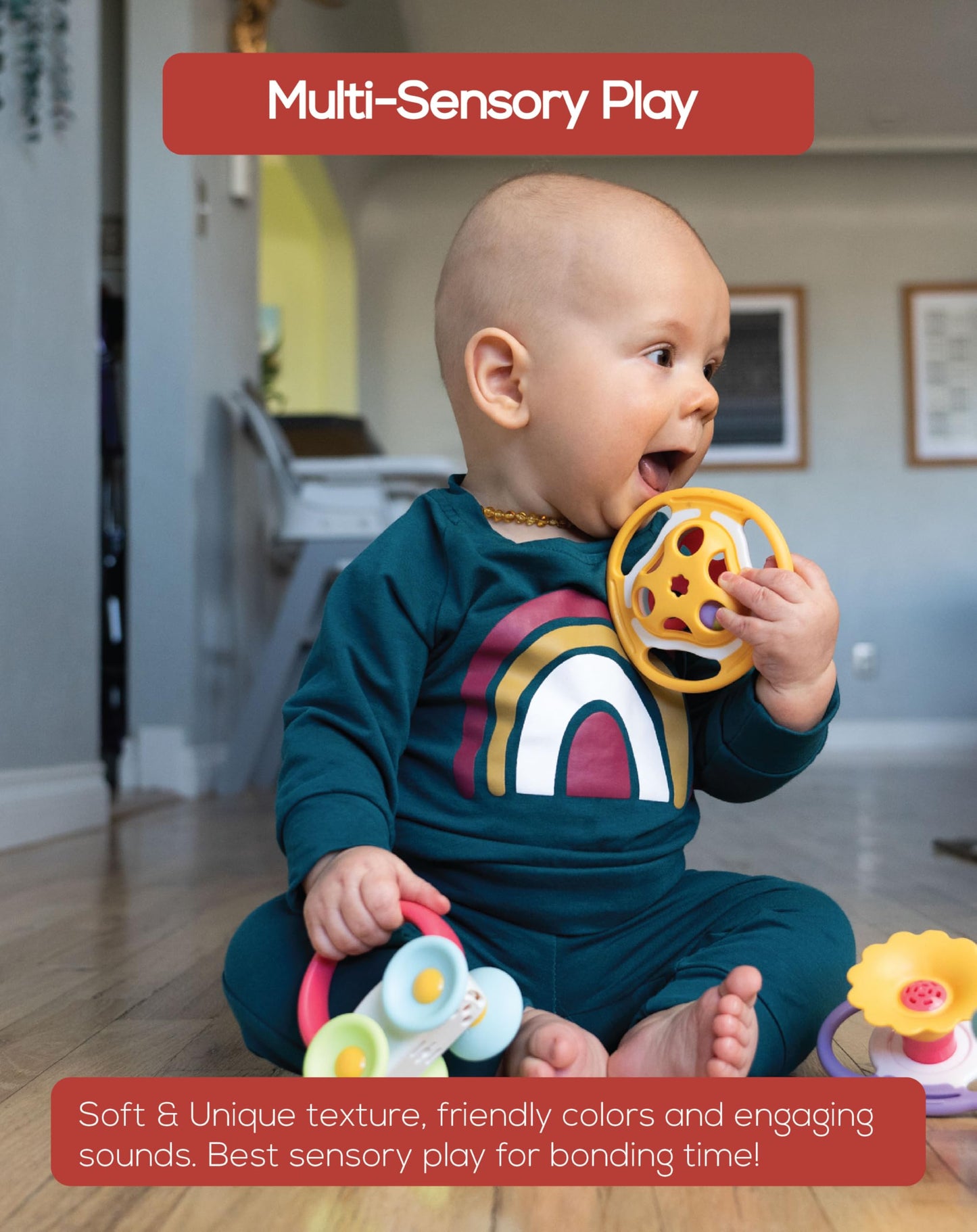 BaBeloved Bell Rattle Baby Teething Toys Multiple Sensory Montessori Baby Teether Toys Soft Food-Grade Teethers for Babies Rattling Teething Relief, Chew Toy for Babies 0-12 Months, BPA Free