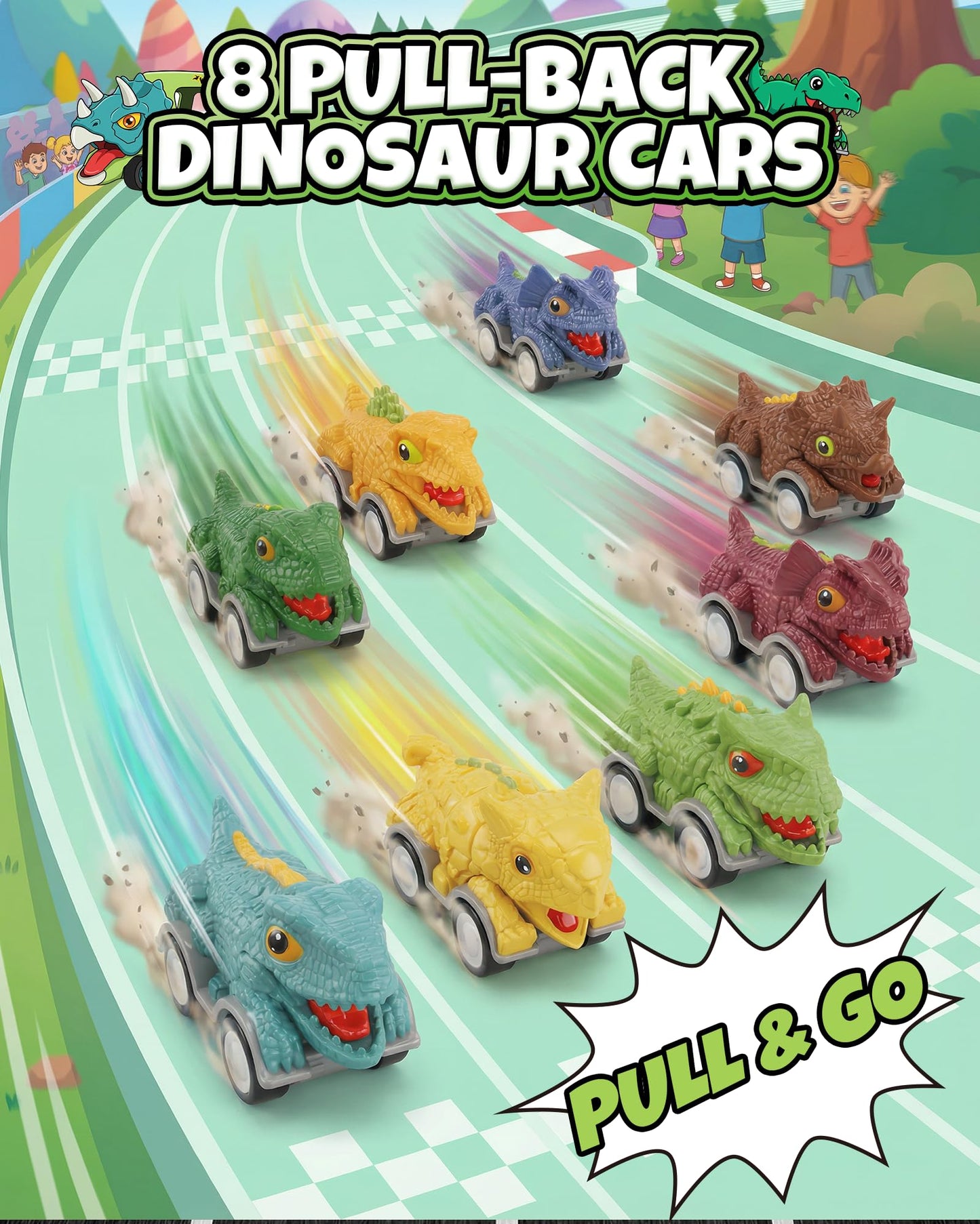 Cozycharm 9 in 1 Dinosaur Toys for Boys, Dinosaur Transport Truck with 8 Pull Back Dino Cars, Toys for 3 4 5+ Year Old Toddlers, Birthday for Grandkids, Blue Green