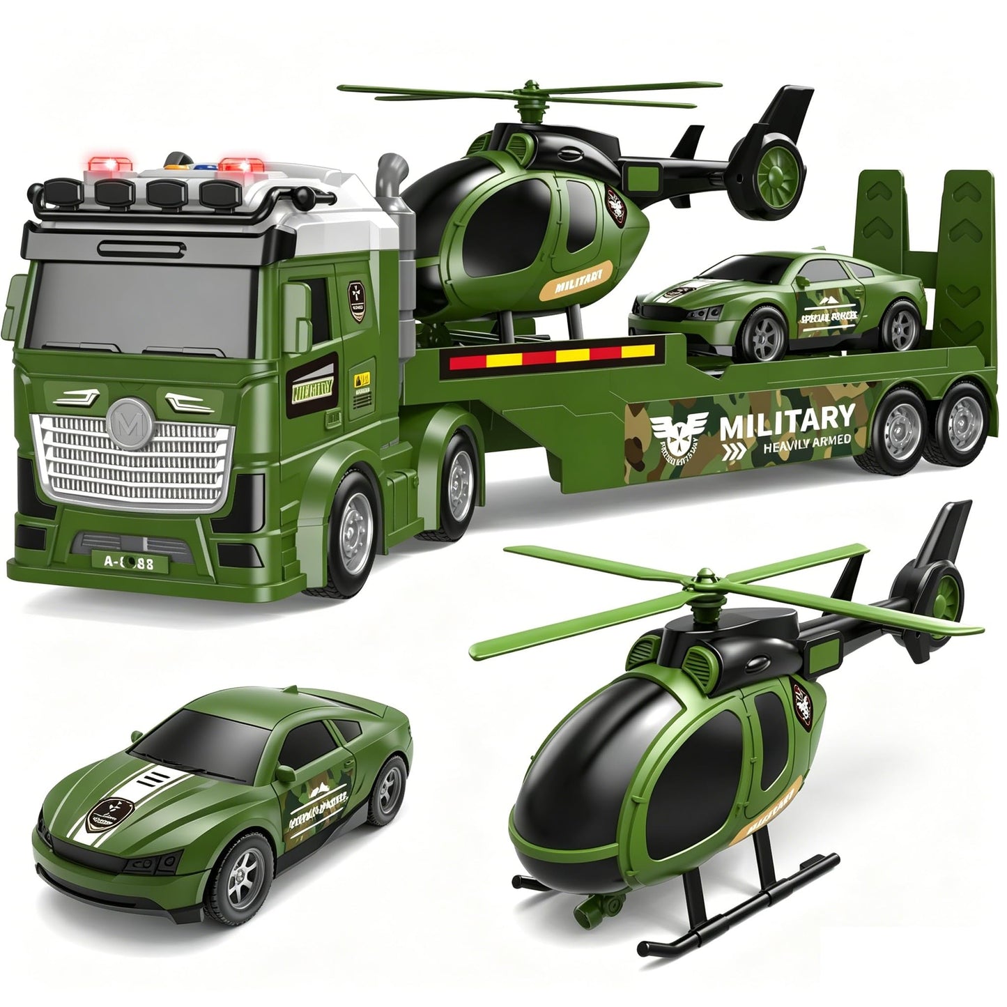 DWIRCTOYS Kids Toys for Ages 3 4 5 6 7 8 Years Old Boys, 25" Large Army Semi Truck with Helicopter & Race Car, Friction Powered Vehicle with Lights & Sounds,Birthday Gift for Boys Girls