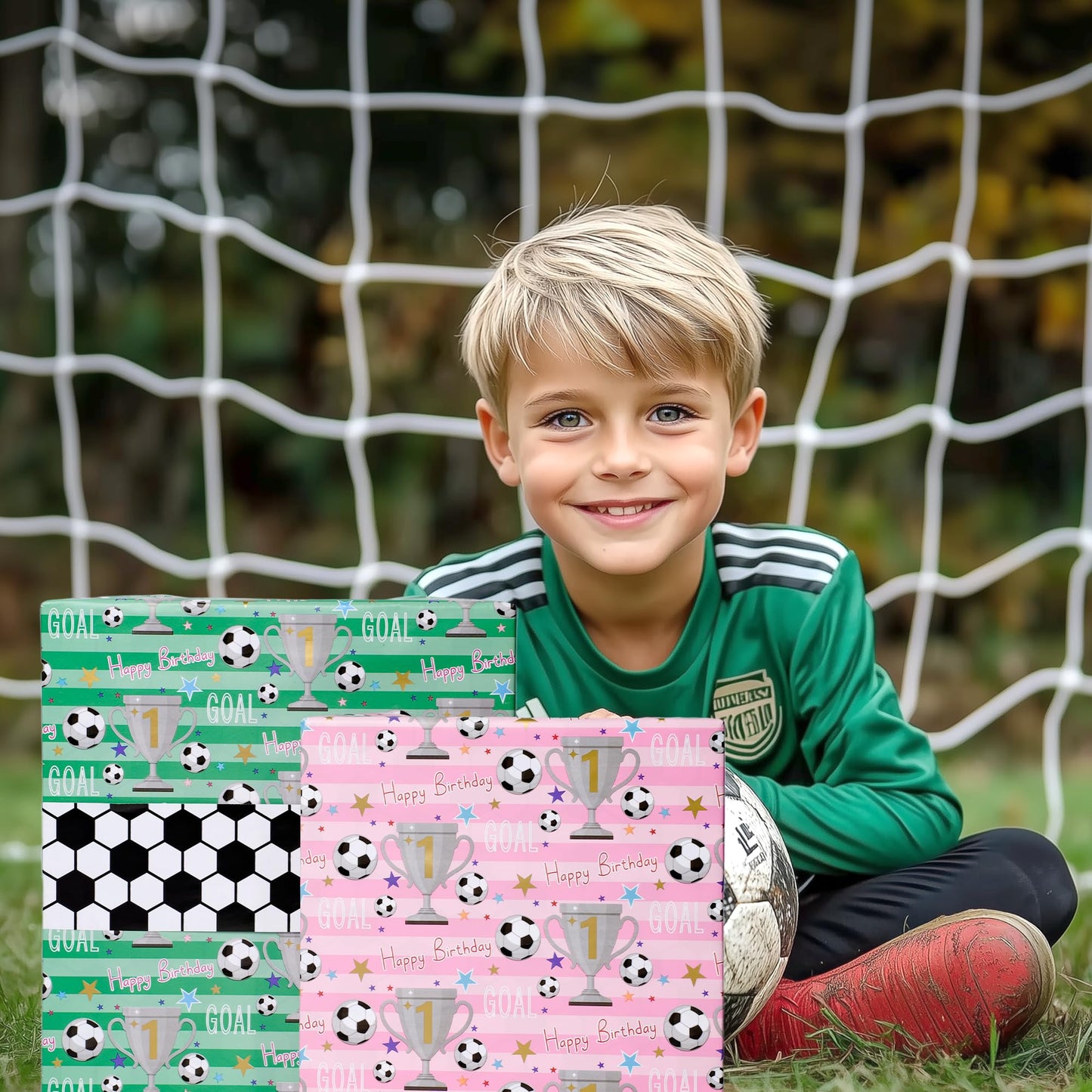 BIOBROWN Reversible Soccer Wrapping Paper for Kids Boys - 17 Inch X 33 Ft - Goal & Trophies Design Sports Gift Wrap Paper for Teens Birthday Party Holiday Soccer Fans