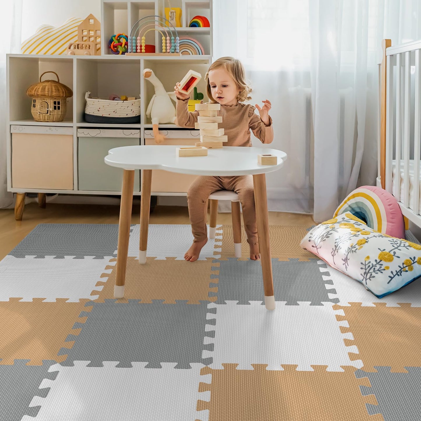 16 Tiles Baby Play Mat for Floor, EVA Foam Baby Floor Play Mat with 0.6 Inch Thick Interlocking Foam Tiles, Foam Floor Tiles for Baby, Toddlers and Kids (Brown-Gray-White, 16PCS)