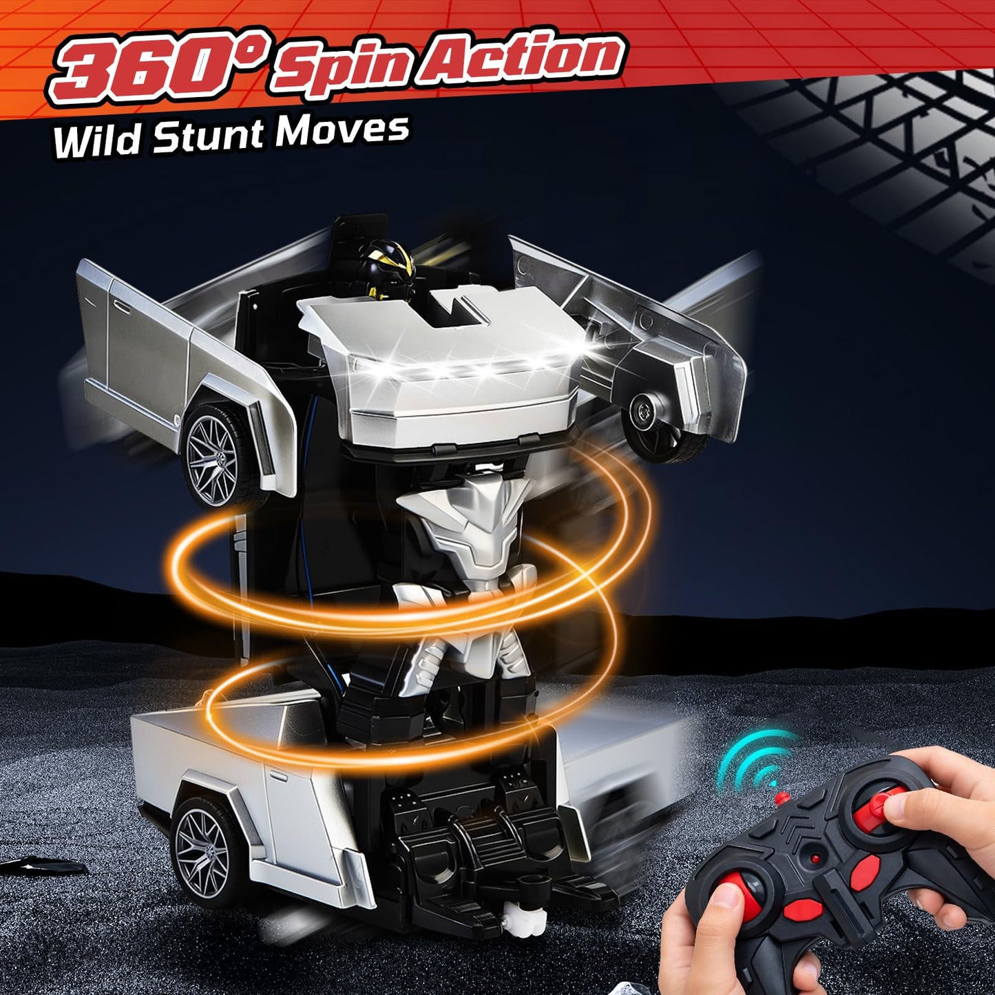 Transform RC Cybertruck Toy Car, 2.4GHz 2 in 1 Transform Toys for Boys 4-6 6-8, Remote Control Car for Kids, 360° Rotating RC Cars for Boys Age 8-12, Cyber Truck Transform with Lights and 2 Batteries