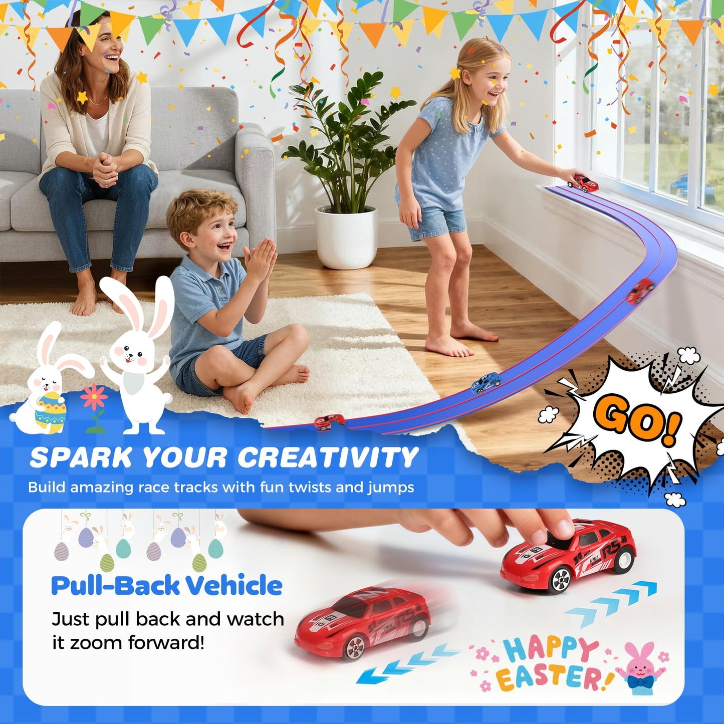 DKOXT 15 Ft Flexible Race Track for Kids, DIY Car Track Set with 2 Toy Cars & 3 Suction Cup Ramps, Easter Basket Stuffers for Teens & Boys Girls, Creative Easter Gifts for Kids, Blue