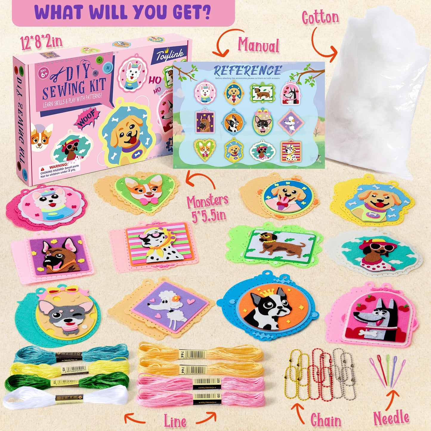 Toylink Dog Tag Sewing Kit for Kids Beginners, 12-in-1 Sew Your Own Felt Craft Kit for Kids Girls Boys 6-8, 8-12, Fun and Educational Birthday Gift Ideas