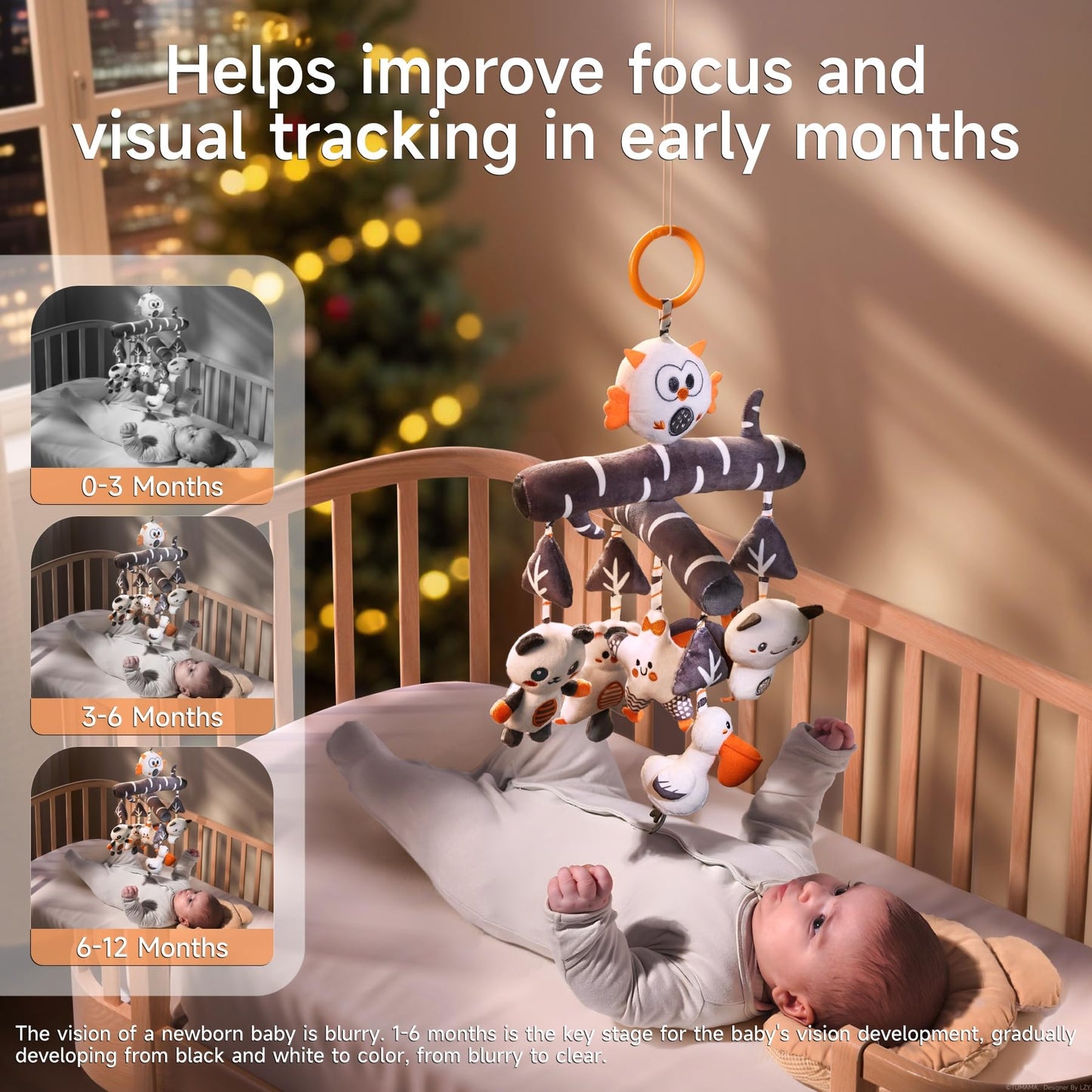 TUMAMA Black and White Baby Crib Stroller Hanging Toys, Cute Plush Animal Baby Crib Mobile Rattle Toy, High Contrast Sensory Baby Toy for 0 3 6 9 to 12 Months