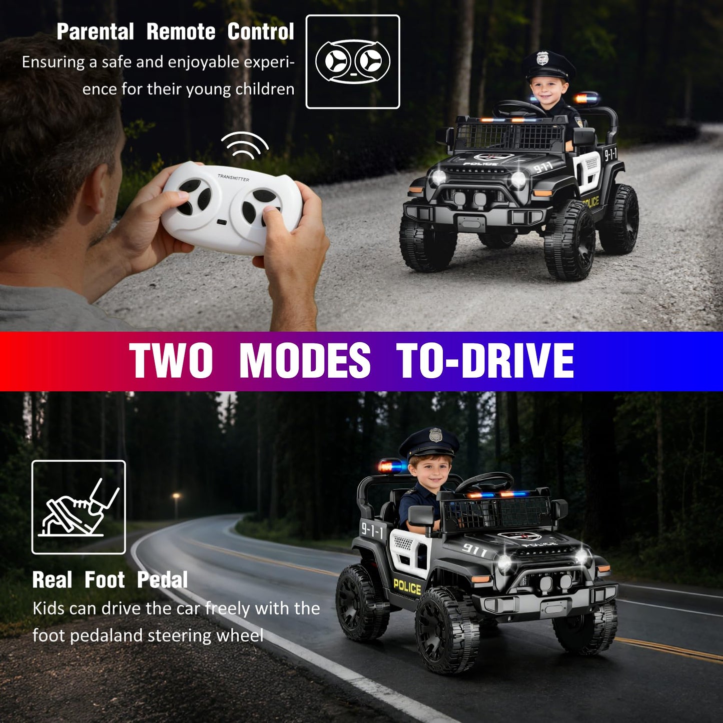 TRINEAR 12V Ride on Car with Parent Remote Control, Toddler Police Electric Car with Spring Suspension, LED Lights & Music Player - Safe Battery Toy for Kids, Christmas & Birthday Gift