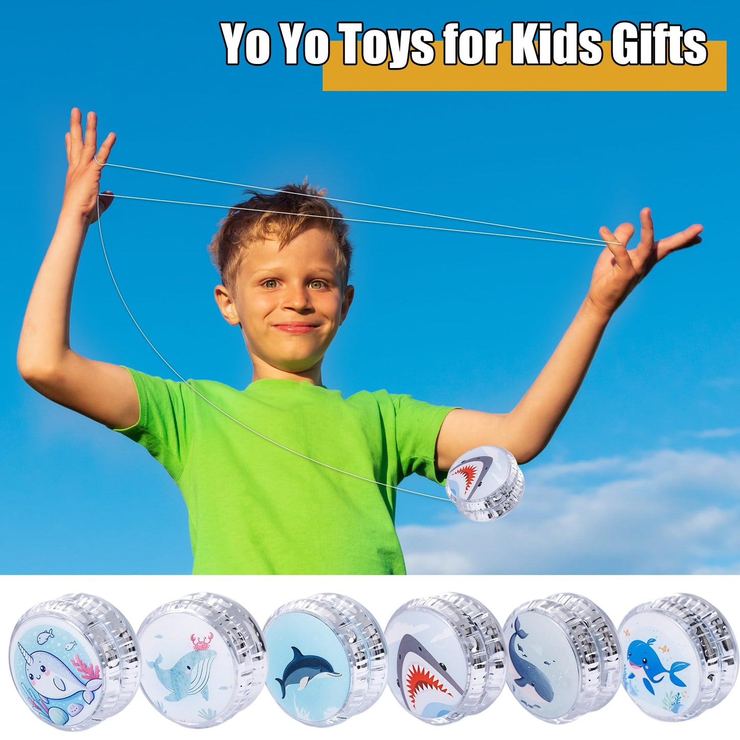 24 Pack Light Up Yo Yos Toys LED Glowing Responsive Ball with Whale Dolphin Shark Narwhal Ocean Animals Pattern for Classroom Rewards Goodie Bag Fillers Birthday Party Favors