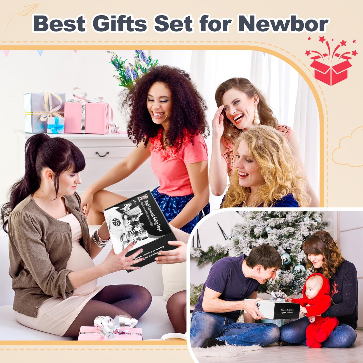 AJsupojouet Newborn Toys,High Contrast Black & White Baby Toys 0-6 Months with Sensory Cards & Rattle, Essential for Brain Development, Tummy Time & Car Seat Toys for 0 2 4 6 Month Old