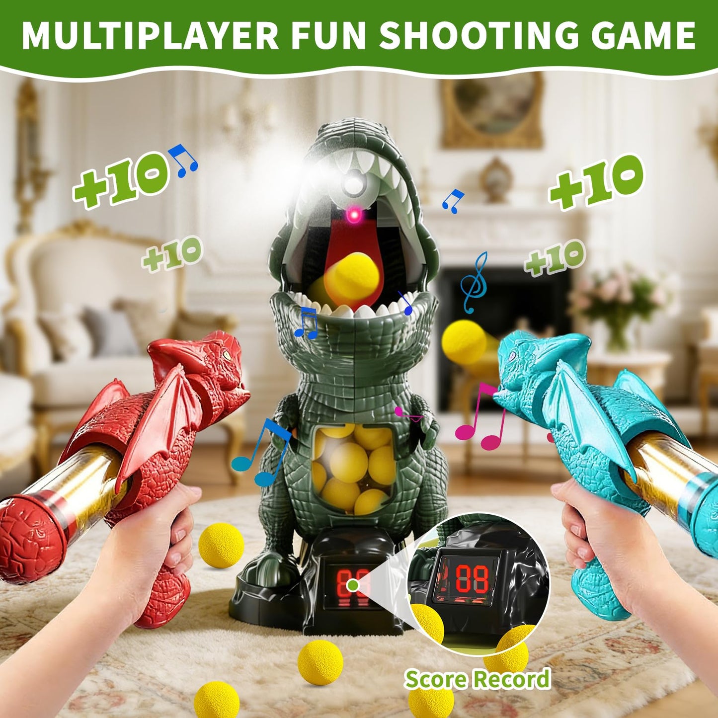 Movable Dinosaur Shooting Toys for Kids - Electronic Target Shooting Games with 2 Pump Blaster/24 Balls/Water Mist Spray/Score Record/LED & Sound Toy Foam Blasters Gift for Children Age 3 4 5 6 7 8
