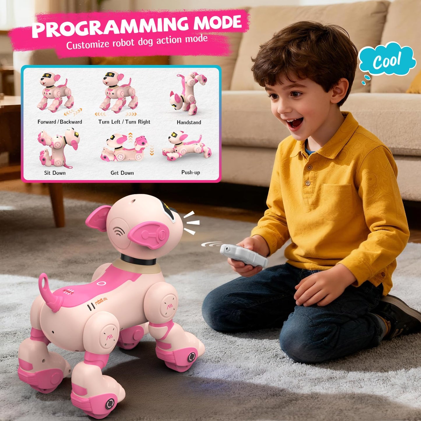 PRANITE Robot Dog Toy for Kids, RC Smart Programmable Robotic Puppy Interactive Touch Music Remote Control Follow Mode Fun STEM Educational Learning Toy Rechargeable Pink AI