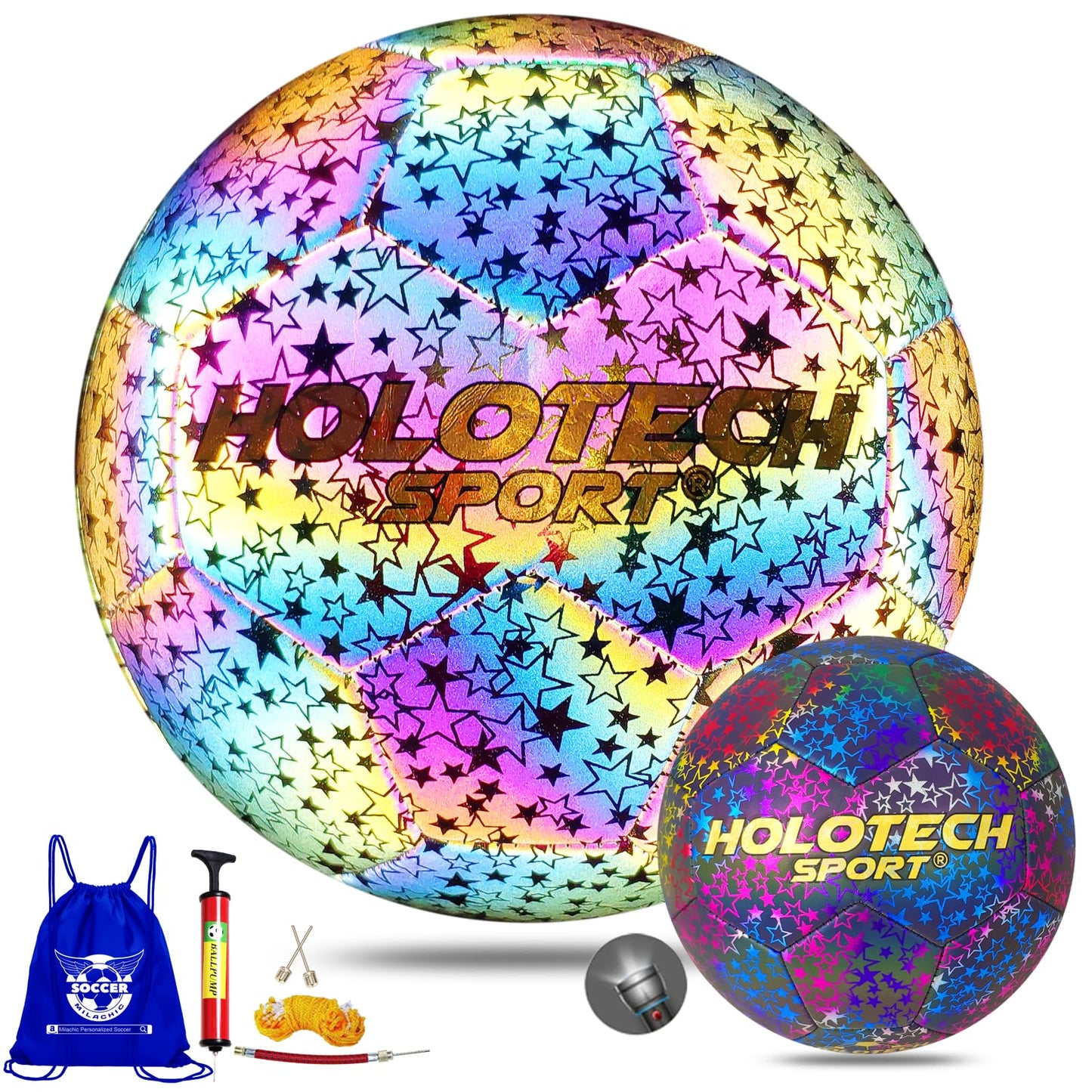 MILACHIC WTOPSBO Soccer Ball Size 5, Holographic Glow Soccer Ball, Bright PU Leather Soccer Balls for Night Games, Training, Ideal Gifts for Women and Men with Pump