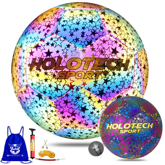 MILACHIC WTOPSBO Soccer Ball Size 5, Holographic Glow Soccer Ball, Bright PU Leather Soccer Balls for Night Games, Training, Ideal Gifts for Women and Men with Pump