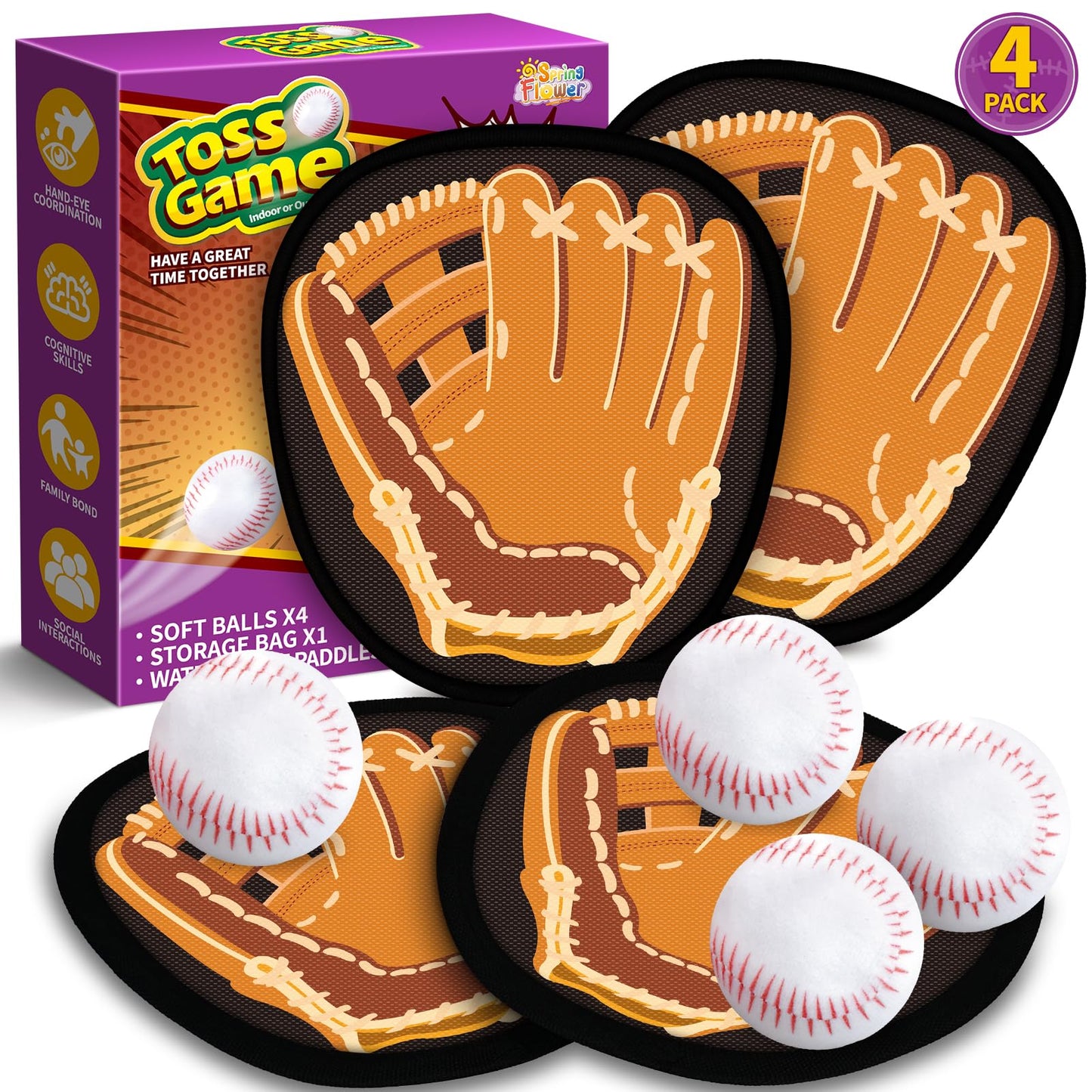 SpringFlower Catch and Toss Game, Outdoor Sport Game Toy for Toddlers Kids, Stick Ball Catch Set Toy Gifts for Boys & Girls,Kids Baseball Beach Outdoor Indoor Pool Game