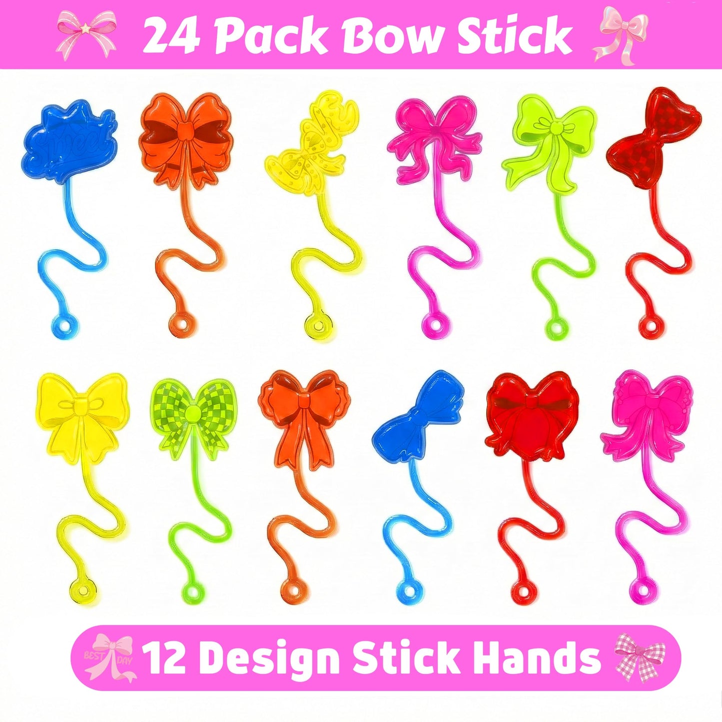 48PCS Bow Party Favors - 24PCS Temporary Tattoos & 24PCS Stick Hands Party - Perfect Birthday Party Supplies, Goodie Bag Stuffers, Treasure Box Toys, Classroom Prizes, and Student Gifts