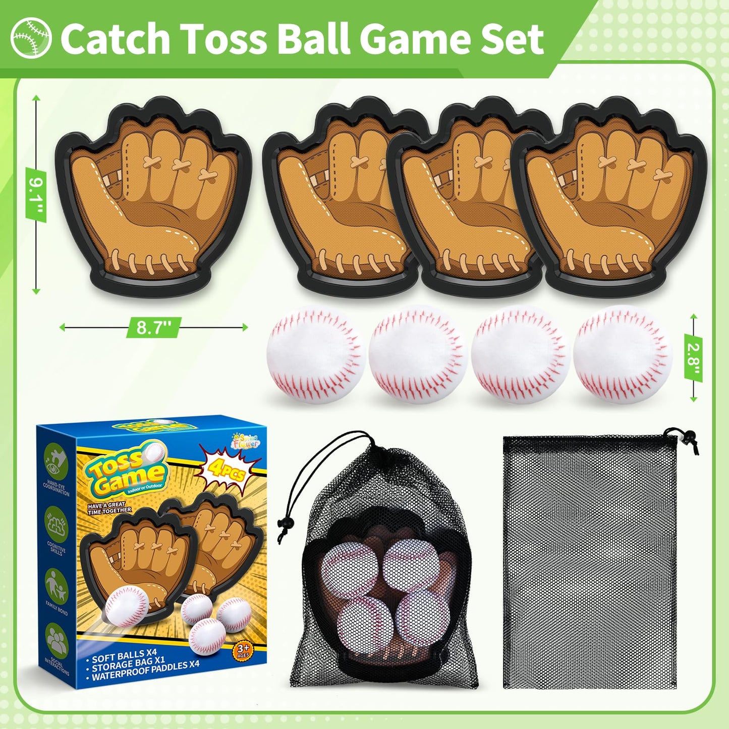 SpringFlower 4 Pack Catch and Toss Ball Game,Toddler Baseball Catch and Toss Ball Set,Outdoor Sport Yard Beach Pool Game Toy,Boys & Girls Toy for Kids Toddlers, Fun Idea Gift for Kids