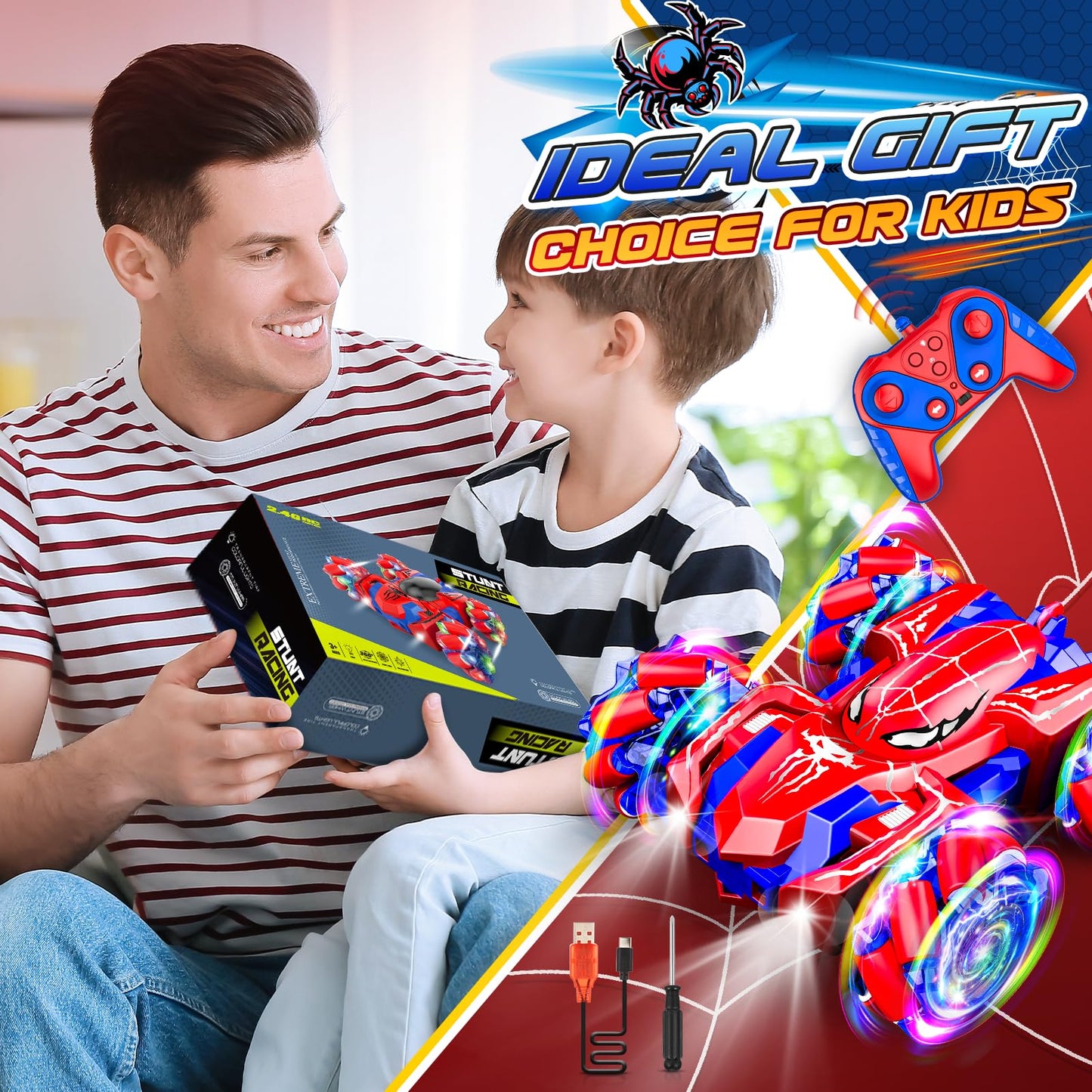 Double Sided Remote Control Car for Boys 4-7, 360° Rotating 2.4GHz Fast Stunt Rechargeable 4WD RC Car Toys for Boys 4-6 5-7 8-13 Outdoor Birthday Halloween Christmas Basket Stuffers Gifts for Kids