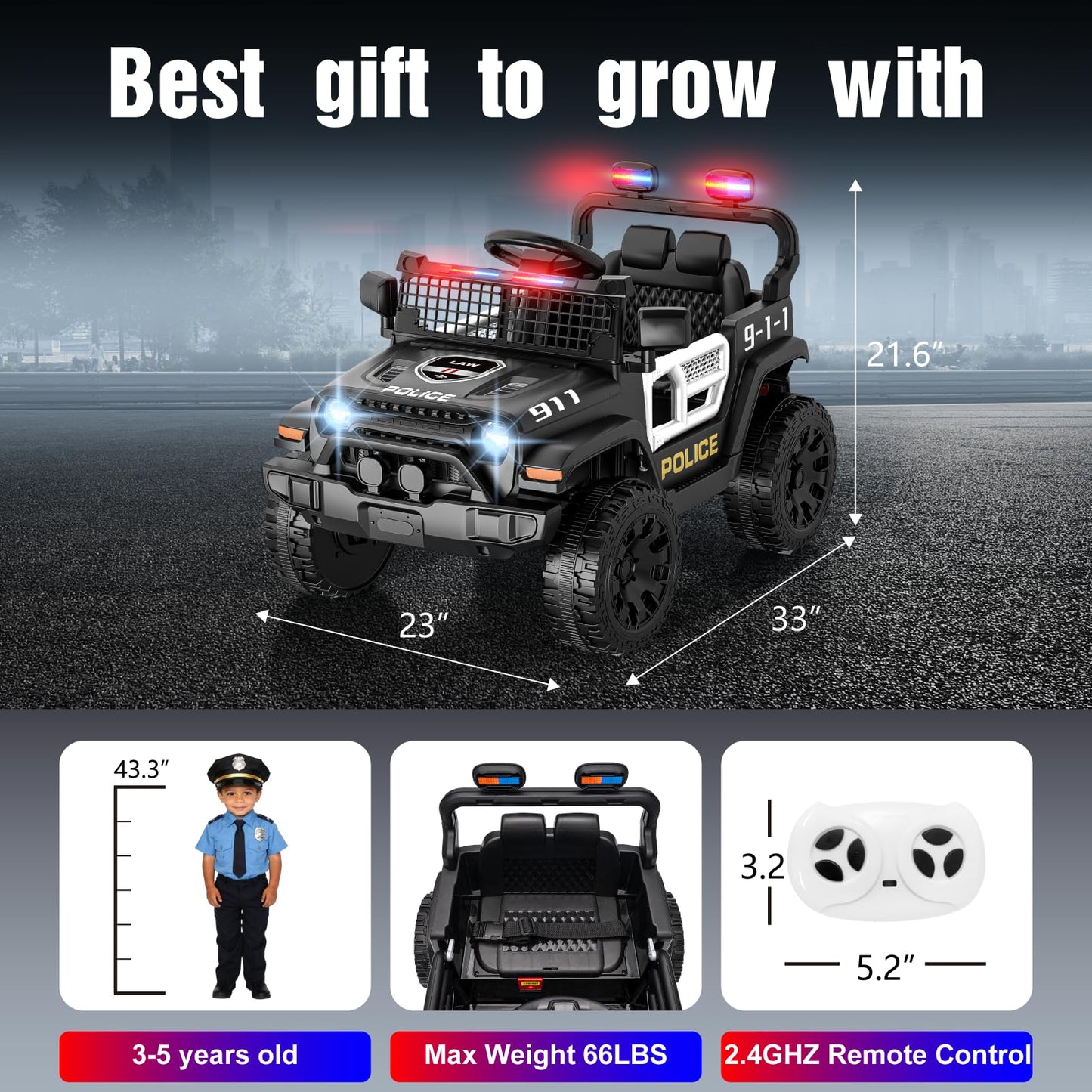 TRINEAR 12V Ride on Car with Parent Remote Control, Toddler Police Electric Car with Spring Suspension, LED Lights & Music Player - Safe Battery Toy for Kids, Christmas & Birthday Gift