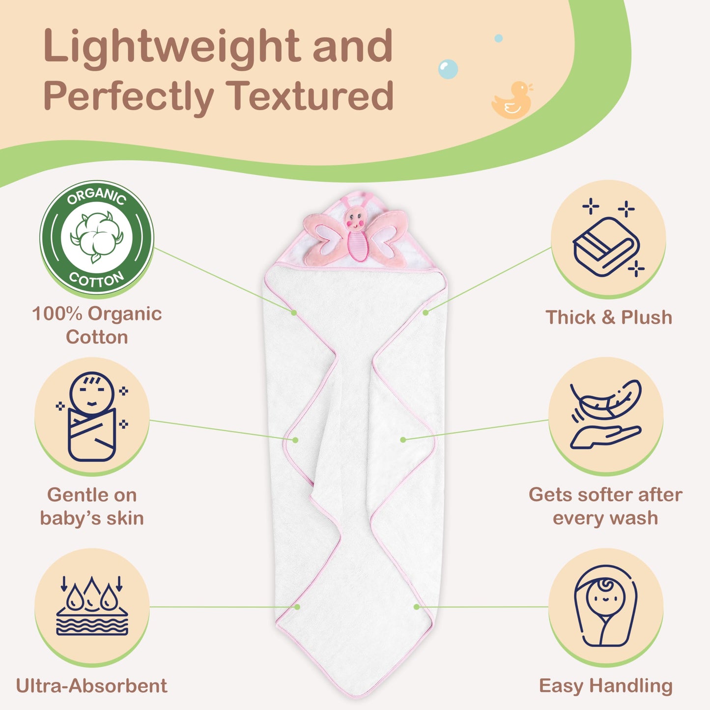 Mother's Choice Baby Towels 100% Organic Cotton Hooded Design, Large Size Baby Bath Towels, Ultra-Soft & Absorbent for Newborns, Infants, Toddlers, Boys & Girls with Animal Hood (Butterfly)