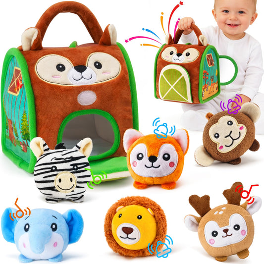 NECTAR BABY Soft Baby Sensory Toys - Squirrel Barn with 6 Stuffed Zoo Animals - Rattles, Crinkles, Squeak, Mirror - Montessori Toys for 6-12 Months Infant & 1-3 Years Toddlers Gifts & Travel Toy