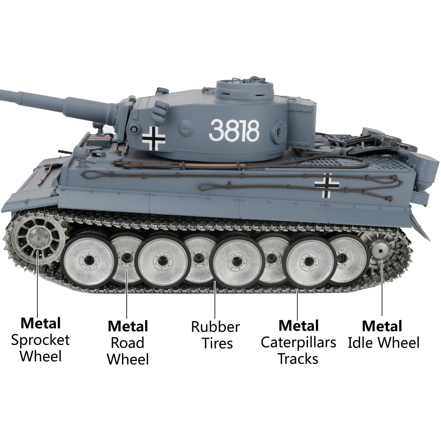 1/16 2.4ghz Remote Control German Tiger I Gray Color Tank Adults Model Toy(Upgraded/Metal Road Wheel & Tracks & Sprocket Wheel & Idle Wheel)(Steel Gear Gearbox)(5000mah Nimh Battery)(Airsoft)