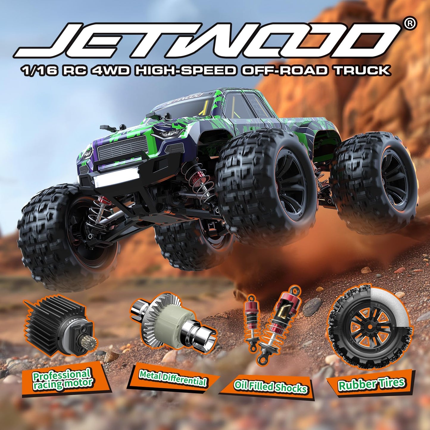Jetwood 1/16 RC Car for Boys and Adults, 38kph 4WD Ready to Run Hobby RC Truck with 2 Batteries, Off Road Remote Control Monster Truck Gifts for Kids, JC16W