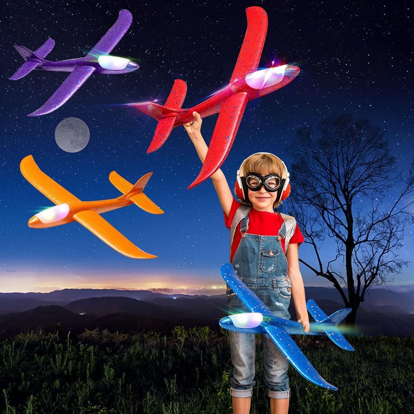 Tivcck 4 Pack LED Light Airplane Toys,17.5" Large Throwing Foam Plane,LED Foam Glider Planes,2 Flight Mode Glider Planes,Airplane Flying Toys for Kids Birthday Gift Outdoor Sport