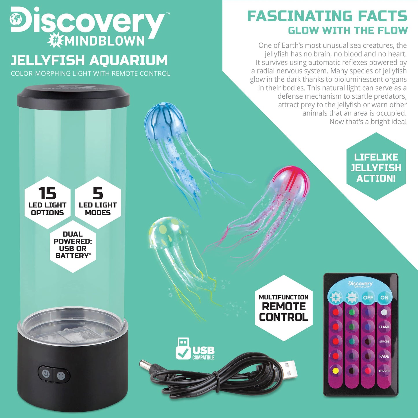 Discovery™ Jellyfish Aquarium Lamp – Color‑Morphing LED Bedroom Night Light with Remote| 15 Light Options| Lifelike Floating Jellyfish| Educational Learning Gift| Ages 8+