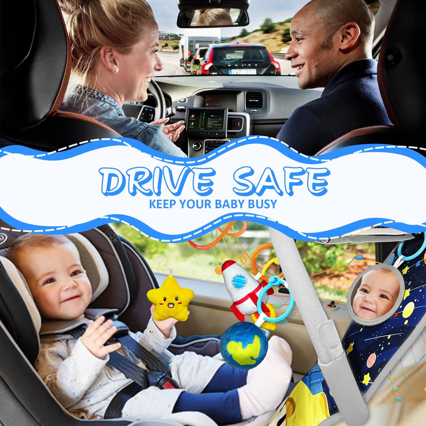 TOYMNI Car Seat Toys for Baby Infant 6 Months and Up, Carseat Toys with Musical Pedal Piano, Baby Mirror and Hanging Squeaky Sensory Soft Baby Toys 6 to 12 Months, Baby Car Toys Rear Facing